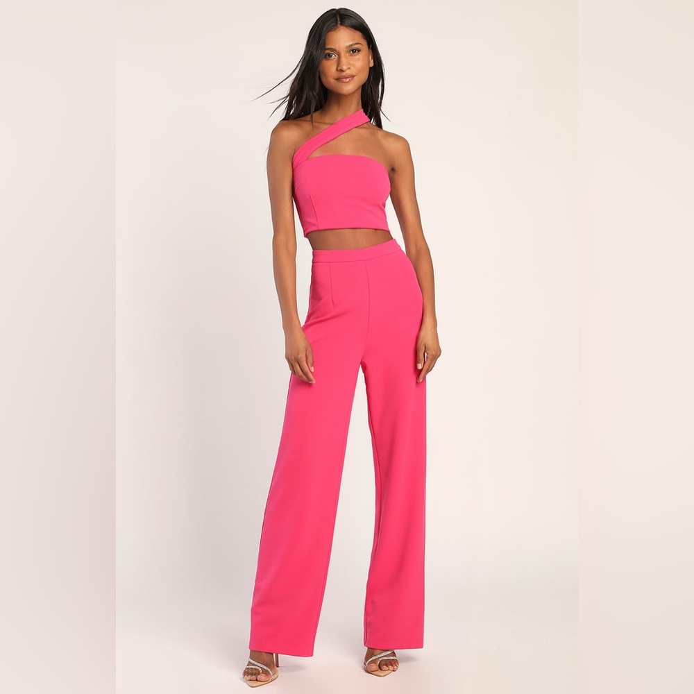 Lulus Flaunt It Like That Hot Pink One-Shoulder Two-Piece Jumpsuit